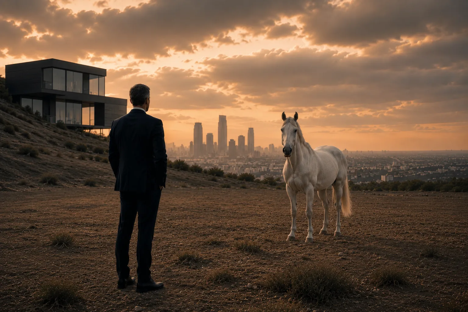 Un dirigeant seul face à un cheval blanc, une ville à l'horizon