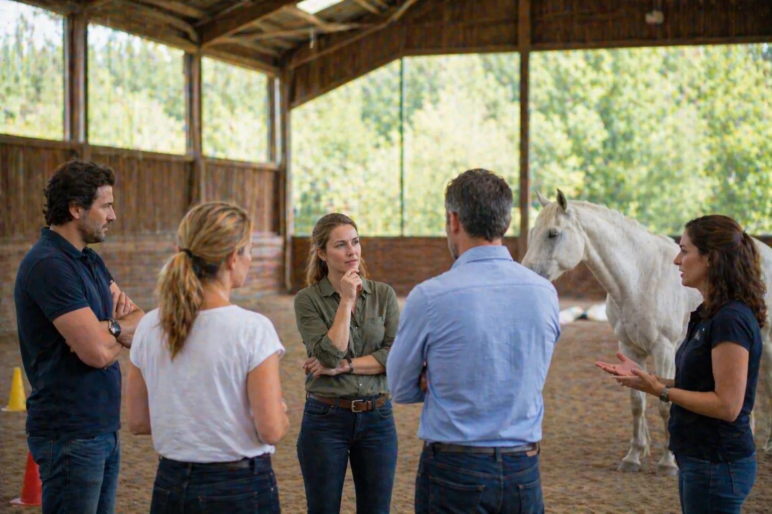 Une équipe en échange, un cheval dans le manège