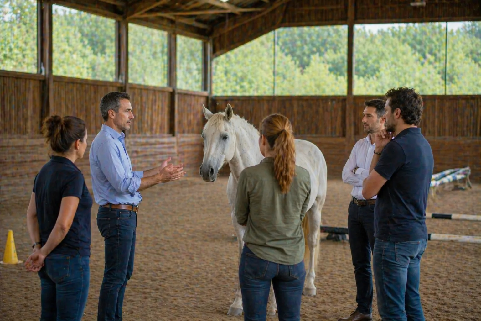 Une équipe réunie autour d'un cheval, dans le manège